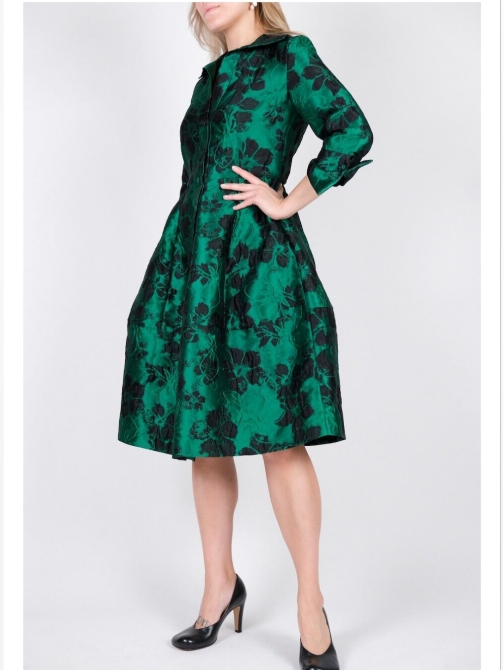Misslook Green Black Floral Jacquard Dress Size M Midi A-Line Fit Flare